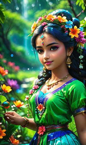 Masterpiece, best quality, high quality, highly detailed cg unity 8k wallpaper, an extremely colorful and pure fantasy environment, vibrant tones and bright skies, bright green grass landscapes, colorful trees, sparkling Fruits and bright blue flowers. The streams were deep blue, and there was a sweet, exotic flavor in the air. Environment seems taken out of a dream, radha-krishna, award winning photography, bokeh, depth of field, HDR, bloom, chromatic aberration, realistic, very detailed, trending on artstation , trending on cgsociety, intricate, high detail, dramatic, midjourney art
