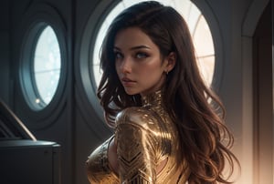sci fi character art, cool artwork, futuristic style, in the style of 32k uhd, atey ghailan, geoff johns, dark yellow and gray, RAW,

extra long wavy brown hair, (futuristic dress, glowing dress), (detailed face, detailed body:1.2), (detailed eyes, sparkling:1.2), expressive face, tanned beige skin,

panasonic lumix s pro 50mm f/1.4, techpunk, knightcore, futuristic, (detailed background), detailed landscape, 

dynamic camera angle, from behind,

masterpiece, best quality, realistic, side light, volumetric light, rich colors, dramatic lighting, (full dual colour lighting:1.2), (hard dual colour lighting:1.4), fine detail, absurdres, extremely detailed, depth of field, ((realistic lighting)) ultra highres, (masterpiece:1.2), (ultra detailed), (best quality), intricate, comprehensive cinematic, magical photography, (gradients), colorful, 

(PnMakeEnh), Enhance,

artwork by sweetroll