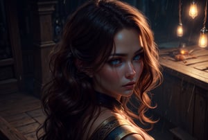 amoled ultra realistic hd photo of a female viking warrior, RAW,

extra long wavy brown hair cinematic light reflections, vampiric eyes, expressive face, tanned beige skin,

medieval background, dark, mysterious, tentacles, raining,

dynamic camera angle from above, from back,

(PnMakeEnh), Enhance,

artwork by sweetroll