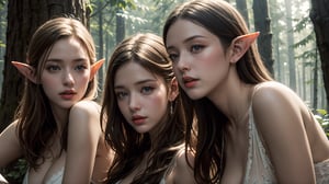 (best quality, masterpiece:1.2),ultra detailed,(photo realistic:1.4),(3 girls:1.3),forest_elf,from below,