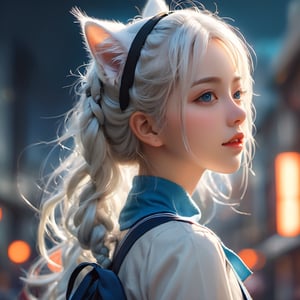 2girls, anime girl, full body, young adult body, medium chest, Hyperdetailed school background, School, 
Detailed medium white hair braid, hair braid, Cat ears, beautiful, Detailed eyes, blue eyes, Side view, torso shot from waist, Thick lineart, Anxious, Hyperdetailed natural light, detailed reflection light, 
volumetric lighting maximalist photo illustration 64k, resolution high res intricately detailed complex, 
key visual, precise lineart, vibrant, panoramic, cinematic, masterfully crafted, 64k resolution, beautiful, stunning, ultra detailed, expressive, hypermaximalist, colorful, rich deep color, vintage show promotional poster, glamour, anime art, fantasy art, brush strokes,, 16k, UHD, HDR,(Masterpiece:1.5), Absurdres, (best quality:1.5), Anime style photo, Manga style, Digital art, glow effects, Hand drawn, render,octane render, cinema 4d, blender, dark, atmospheric 4k ultra detailed, cinematic sensual, Sharp focus, hyperrealistic, big depth of field, Masterpiece, colors, 3d octane render, concept art, trending on artstation, hyperrealistic, Vivid colors,, modelshoot style, (extremely detailed CG unity 8k wallpaper), professional majestic oil painting by Ed Blinkey, Atey Ghailan, Studio Ghibli, by Jeremy Mann, Greg Manchess, Antonio Moro, trending on ArtStation, trending on CGSociety, Intricate, High Detail, Sharp focus, dramatic, photorealistic painting art,beautymix
