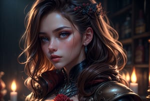 (masterpiece, best quality, ultra-detailed), (perfect hands, perfect anatomy), High detailed, detailed background, uncensored, beautiful face, detailed hands, expressive eyes, amoled ultra realistic hd RAW photo of a female warrior in a tight body armor,

extra long wavy brown hair, vampiric eyes, expressive face, tanned beige skin, looking at viewer, (blush line on nose and cheeks),

fantasy rpg, rain, cinematic light reflections, rose, fire, red flower, candle,  tentacle, tentacles, tentacle rape, rape, multiple penetrations,

dynamic camera angle,

(PnMakeEnh), More Detail,

artwork by sweetroll