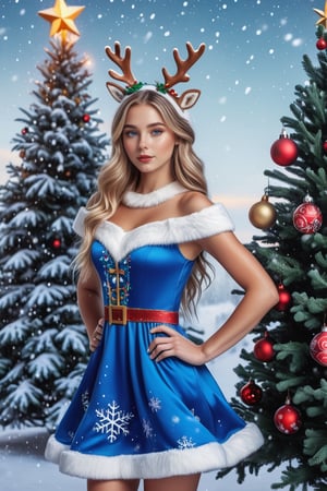candy nsfw, young woman,photo r3al, realistic photo,
(medium breast):2.0,
(hyper realistic beautiful girl Snow Maiden in a snowy caron, 
decorated Christmas tree in the background, 
holiday atmosphere):1.7,
(in a christmas setting, standing by a christmas tree):1.7,
(snowing outside):1.3, (medium body):1.5,onoff,Blue dress,Reindeer Elf