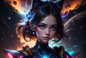 The guardian of the nebula A portrait of a girl with iridescent skin, her eyes reflecting the colors of a nearby nebula, surrounded by glowing, ethereal wisps of gas and dust, NSFW, artwork by sweetroll,