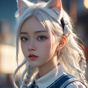 2girls, anime girl, full body, young adult body, medium chest, Hyperdetailed school background, School, 
Detailed medium white hair braid, hair braid, Cat ears, beautiful, Detailed eyes, blue eyes, Side view, torso shot from waist, Thick lineart, Anxious, Hyperdetailed natural light, detailed reflection light, 
volumetric lighting maximalist photo illustration 64k, resolution high res intricately detailed complex, 
key visual, precise lineart, vibrant, panoramic, cinematic, masterfully crafted, 64k resolution, beautiful, stunning, ultra detailed, expressive, hypermaximalist, colorful, rich deep color, vintage show promotional poster, glamour, anime art, fantasy art, brush strokes,, 16k, UHD, HDR,(Masterpiece:1.5), Absurdres, (best quality:1.5), Anime style photo, Manga style, Digital art, glow effects, Hand drawn, render,octane render, cinema 4d, blender, dark, atmospheric 4k ultra detailed, cinematic sensual, Sharp focus, hyperrealistic, big depth of field, Masterpiece, colors, 3d octane render, concept art, trending on artstation, hyperrealistic, Vivid colors,, modelshoot style, (extremely detailed CG unity 8k wallpaper), professional majestic oil painting by Ed Blinkey, Atey Ghailan, Studio Ghibli, by Jeremy Mann, Greg Manchess, Antonio Moro, trending on ArtStation, trending on CGSociety, Intricate, High Detail, Sharp focus, dramatic, photorealistic painting art,beautymix