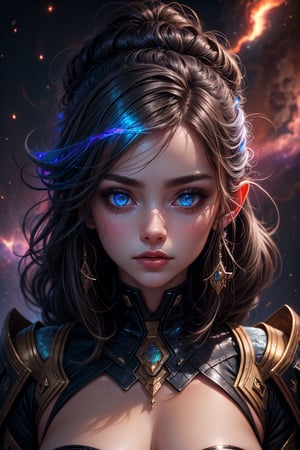 The guardian of the nebula A portrait of a girl with iridescent skin, her eyes reflecting the colors of a nearby nebula, surrounded by glowing, ethereal wisps of gas and dust, NSFW, artwork by sweetroll,