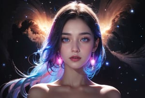 The guardian of the nebula A portrait of a girl with iridescent skin, her eyes reflecting the colors of a nearby nebula, surrounded by glowing, ethereal wisps of gas and dust, NSFW, nude,