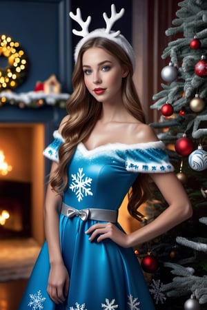 candy nsfw, young woman,photo r3al, realistic photo,
(medium breast):2.0,
(hyper realistic beautiful girl Snow Maiden in a snowy caron, 
decorated Christmas tree in the background, 
holiday atmosphere):1.7,
(in a christmas setting, standing by a christmas tree):1.7,
(snowing outside):1.3, (medium body):1.5,onoff,Blue dress,Reindeer Elf