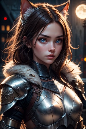 1girl, warrior in a steel armor with fur adornments. cat, moonlight, light brown hairs, ice blue eyes, capture this image with a high resolution photograph using an 85mm lens for a flattering perspective,