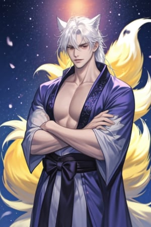 handsome manly japanese kitsune man in his 30's,  white long hair,  hairy body,  purple elegant kimono with golden decorations,  he is wearing an elegant and expensive kimono with exposed hairy chest,  very hairy body with fur,  old magical japanese temple outside with wisps in the night,  crossed arms,  he have albino fox tail and ears kitsune tail flufly and large,  high detailed, shirtless, no human ears, yellow bright eyes, sorrounder by light magic flames,<lora:659111690174031528:1.0>