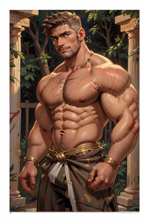 old oil on canvas high detailed paint portrait of a sexy Greek herculean godlike handsome man in his 30's full frontal, he is hunk, he is muscular, he is very hairy, very manly, very virile, he is wearing a white artistic toga, he have golden jewelry, he is shirtless showing his abs and chest, the background it’s an artistic ancient Greek place