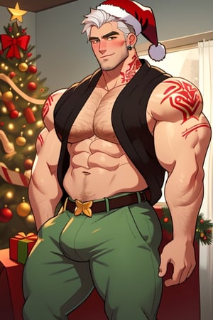 A Sexy mature Santa Claus, white hair, white stubble, very handsome, very muscular, very hot, very manly, tattooed, very hairy, with piercings, christmas tree and cozy home with christmas decoration in the background,bulge