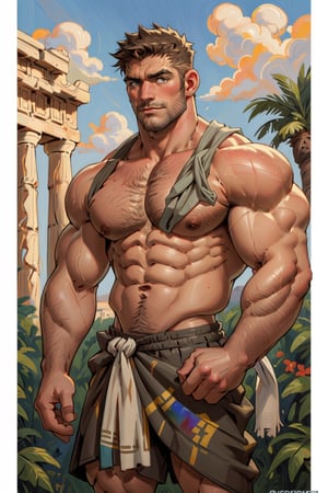old oil on canvas high detailed paint portrait of a sexy Greek herculean godlike handsome man in his 30's full frontal, he is hunk, he is muscular, he is very hairy, very manly, very virile, he is wearing a toga, he is shirtless showing his abs and chest, the background it’s an artistic ancient Greek place