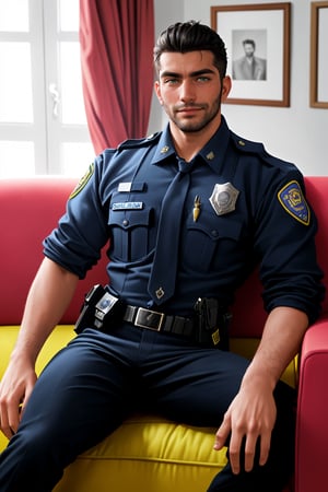 Portrait of Chilean man, he is from Chile, he is in his 30's, he is very handsome, he is very hairy, he is very viril, he is very sexy, he is very manly, he is bulky, he is a police, he is wearing a police outfit in a sexy way, he have a sexy pose while he is sitting in a sofa, small discret male bulge, he is happy to see you, he have green dark eyes, he is sitting in a Chilean house living room and is afternoon