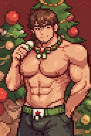 sexy man handsome muscle hunk with a sexy smirk flexing, he have a stubble, he is wearing christmas clothes, christmas decoration background, christmas tree in the background, background with christmas decorations trees Christmas balls Christmas cookies,<lora:659111690174031528:1.0>