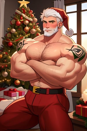 A Sexy mature Santa Claus, white hair, white stubble, very handsome, very muscular, very hot, very manly, tattooed, very hairy, with piercings, christmas tree and cozy home with christmas decoration in the background