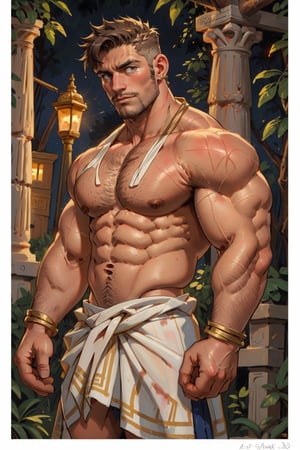 old oil on canvas high detailed paint portrait of a sexy Greek herculean godlike handsome man in his 30's full frontal, he is hunk, he is muscular, he is very hairy, very manly, very virile, he is wearing a white artistic toga, he have golden jewelry, he is shirtless showing his abs and chest, the background it’s an artistic ancient Greek place