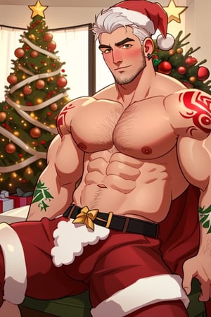 Sexy mature Santa Claus, white hair, white stubble, very handsome, very muscular, very hot, very manly, tattooed, very hairy, with piercings, christmas tree and cozy home with christmas decoration in the background,handsome men