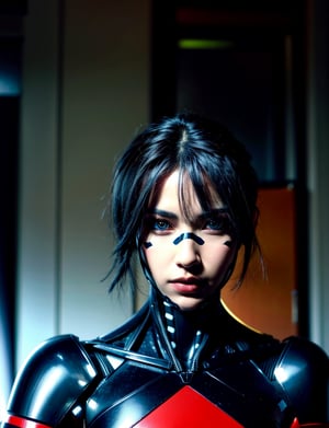 1girl,  elster,  black hair , robot joints,  blue eyes,  looking at viewer,  serious,  short hair,  nose guard,  black and red  bodysuit,  armor,  solo,  space station,  indoors,  dark,  cyberpunk,  red lights,  (insanely detailed,  beautiful detailed face, beautiful detailed eyes,  masterpiece,  best quality:1.2), cyborg, ,elster, frameless_glasses,bodysuit,cyborg,black and white outfit,3d,High detailed, Saturated colors,Color saturation,High detailed ,Beautiful Portrait