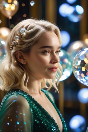 1girl emilia clarke blonde hair chilling in the crystal museum light_cubes, light_balloons diamond surface, twinkle glow, cool vibes, nurturing gesture, depth of field, bokeh background, dfdd,xxmix_girl,aesthetic portrait,DonMG414XL