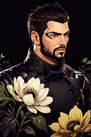 Adam Jensen enveloped in a thick wall of flowers. Upper body portrait. Black or dark background. Looking away from camera. Slightly colder pallete, colder filter.

Masterpiece, photorealistic, golden eyes, jensenDX,

overlooking, documentary,

Zhostovo painting, black theme