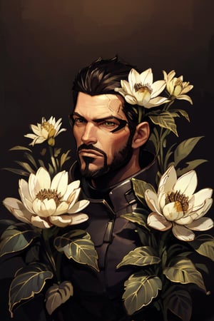 Adam Jensen enveloped in a thick wall of flowers. Upper body portrait. Black or dark background. Looking away from camera. Slightly colder pallete, colder filter.

Masterpiece, photorealistic, golden eyes, jensenDX,

overlooking, documentary,

Zhostovo painting, black theme