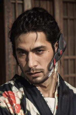 Highly detailed, High Quality, Masterpiece, beautiful, sole_male, 1boy, solo, male_focus, manly, Jetstream Sam, Half body portrait, facial hair, beard, vertical scar on face, european face, brazilian face, beautiful photography, stage photography, interesting pose, unusual head tilt, traditional japanese background, yukata, furisode, red_yukata, haori, gaze somewhere