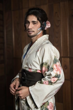 Highly detailed, High Quality, Masterpiece, beautiful, sole_male, 1boy, solo, male_focus, manly, Jetstream Sam, Half body portrait, facial hair, beard, vertical scar on face, european face, brazilian face, beautiful photography, stage photography, interesting pose, unusual head tilt, traditional japanese background, yukata, furisode, red_yukata, haori