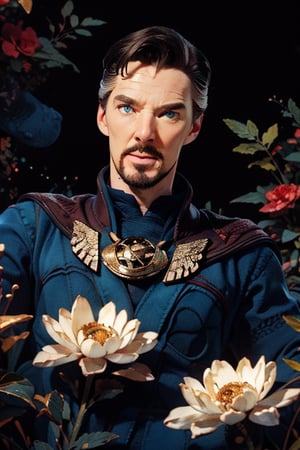 Dr. Stephen Strange enveloped in a thick wall of flowers. Upper body portrait. Dark red background.

Masterpiece, photorealistic, green-blue eyes,
stephen_strange