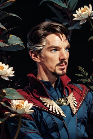 Dr. Stephen Strange enveloped in a thick wall of flowers. Upper body portrait. Dark red background. Looking away from camera.

Masterpiece, photorealistic, green-blue eyes,
stephen_strange,

overlooking, documentary