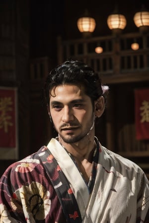 Highly detailed, High Quality, Masterpiece, beautiful, sole_male, 1boy, solo, male_focus, manly, Jetstream Sam, Half body portrait, facial hair, beard, vertical scar on face, european face, brazilian face, beautiful photography, stage photography, interesting pose, unusual head tilt, traditional japanese background, yukata, furisode, red_yukata, haori, gaze somewhere