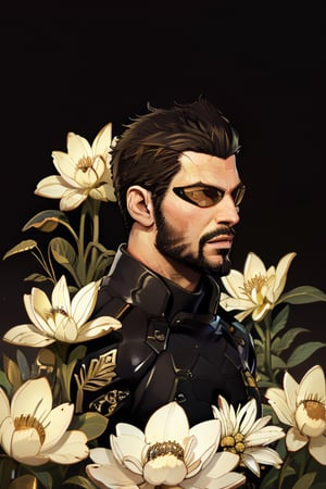 Adam Jensen enveloped in a thick wall of flowers. Upper body portrait. Black or dark background. Looking away from camera. Slightly colder pallete, colder filter.

Masterpiece, photorealistic, golden eyes, jensenDX,

overlooking, documentary,

Zhostovo painting, black theme