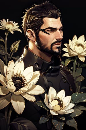 Adam Jensen enveloped in a thick wall of flowers. Upper body portrait. Black or dark background. Looking away from camera. Slightly colder pallete, colder filter.

Masterpiece, photorealistic, golden eyes, jensenDX,

overlooking, documentary,

Zhostovo painting, black theme