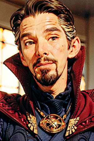 Dr. Stephen Strange's slender fingers cradle the crimson petals, his eyes nearly shut as he savors the sweet scent and taste of the geranium blooms surrounding him like a fiery aura. The soft focus background blurs into vibrant hues, while the subject's face is bathed in warm, golden light, Amano Yoshitaka's delicate brushstrokes capturing the subtle curves of Strange's features as he indulges in the floral reverie.