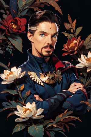 Dr. Stephen Strange enveloped in a thick wall of flowers. Upper body portrait. Dark red background.

Masterpiece, photorealistic, green-blue eyes,
stephen_strange