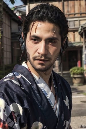 Highly detailed, High Quality, Masterpiece, beautiful, sole_male, 1boy, solo, male_focus, manly, Jetstream Sam, Half body portrait, facial hair, beard, vertical scar on face, european face, brazilian face, beautiful photography, stage photography, interesting pose, unusual head tilt, traditional japanese background, yukata, furisode, red_yukata, haori