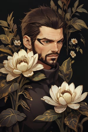 Adam Jensen enveloped in a thick wall of flowers. Upper body portrait. Black background. Looking away from camera.

Masterpiece, photorealistic, green-blue eyes, jensenDX,

overlooking, documentary,

Zhostovo painting