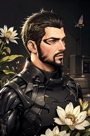 Adam Jensen enveloped in a thick wall of flowers. Upper body portrait. Black or dark background. Looking away from camera. Slightly colder pallete, colder filter.

Masterpiece, photorealistic, golden eyes, jensenDX,

overlooking, documentary,

Zhostovo painting, black theme