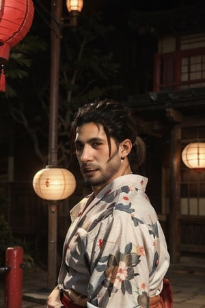 Highly detailed, High Quality, Masterpiece, beautiful, sole_male, 1boy, solo, male_focus, manly, Jetstream Sam, Half body portrait, facial hair, beard, vertical scar on face, european face, brazilian face, ponytail, beautiful photography, professional photography, interesting pose, unusual head tilt, traditional japanese background, male yukata, red_yukata, haori, gaze away, videogame screenshot, volumetric light, gorgeous light, colorful paper kites and japanese paper lanterns around