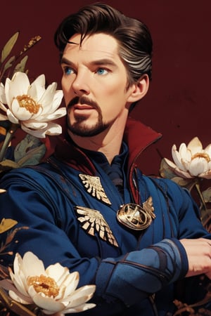 Dr. Stephen Strange enveloped in a thick wall of flowers. Upper body portrait. Dark red background. Looking away from camera.

Masterpiece, photorealistic, green-blue eyes,
stephen_strange,

overlooking, documentary,

Zhostovo painting