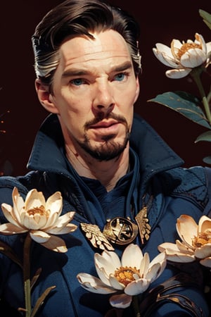 Dr. Stephen Strange enveloped in a thick wall of flowers. Upper body portrait. Dark red background. Looking away from camera.

Masterpiece, photorealistic, green-blue eyes,
stephen_strange,

overlooking, documentary,

Zhostovo painting flowers