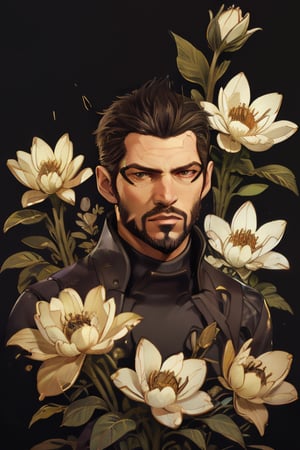 Adam Jensen enveloped in a thick wall of flowers. Upper body portrait. Black background. Looking away from camera.

Masterpiece, photorealistic, golden eyes, jensenDX,

overlooking, documentary,

Zhostovo painting