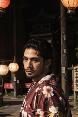 Highly detailed, High Quality, Masterpiece, beautiful, sole_male, 1boy, solo, male_focus, manly, Jetstream Sam, Half body portrait, facial hair, beard, vertical scar on face, european face, brazilian face, beautiful photography, stage photography, interesting pose, unusual head tilt, traditional japanese background, male yukata, red_yukata, haori, gaze somewhere, videogame screenshot, volumetric light, gorgeous light, colorful paper kites and japanese paper lanterns around