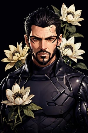 Adam Jensen enveloped in a thick wall of flowers. Upper body portrait. Black or dark background. Looking away from camera. Slightly colder pallete, colder filter.

Masterpiece, photorealistic, golden eyes, jensenDX,

overlooking, documentary,

Zhostovo painting, black theme