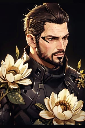 Adam Jensen enveloped in a thick wall of flowers. Upper body portrait. Black or dark background. Looking away from camera. Slightly colder pallete, colder filter.

Masterpiece, photorealistic, golden eyes, jensenDX,

overlooking, documentary,

Zhostovo painting