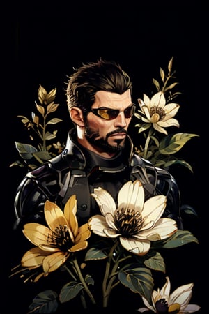 Adam Jensen enveloped in a thick wall of flowers. Upper body portrait. Black or dark background. Looking away from camera. Slightly colder pallete, colder filter.

Masterpiece, photorealistic, golden eyes, jensenDX,

overlooking, documentary,

Zhostovo painting, black theme