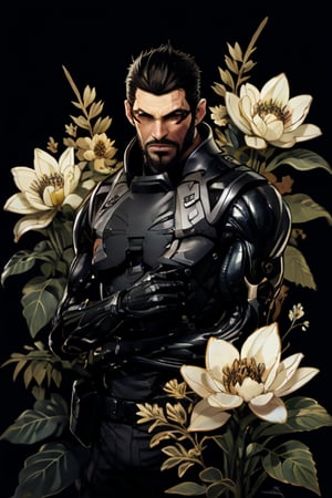 Adam Jensen enveloped in a thick wall of flowers. Upper body portrait. Black or dark background. Looking away from camera. Slightly colder pallete, colder filter.

Masterpiece, photorealistic, golden eyes, jensenDX,

overlooking, documentary,

Zhostovo painting, black theme