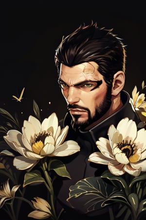 Adam Jensen enveloped in a thick wall of flowers. Upper body portrait. Black or dark background. Looking away from camera. Slightly colder pallete, colder filter.

Masterpiece, photorealistic, golden eyes, jensenDX,

overlooking, documentary,

Zhostovo painting, black theme