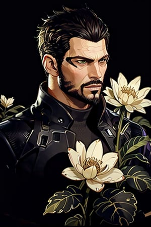 Adam Jensen enveloped in a thick wall of flowers. Upper body portrait. Black or dark background. Looking away from camera. Slightly colder pallete, colder filter.

Masterpiece, photorealistic, golden eyes, jensenDX,

overlooking, documentary,

Zhostovo painting, black theme