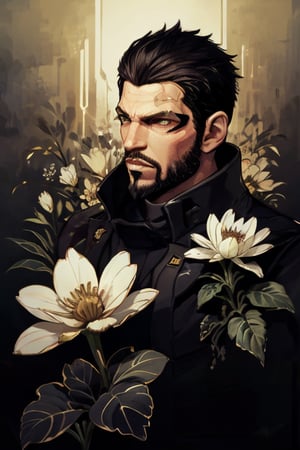 Adam Jensen enveloped in a thick wall of flowers. Upper body portrait. Black or dark background. Looking away from camera. Slightly colder pallete, colder filter.

Masterpiece, photorealistic, golden eyes, jensenDX,

overlooking, documentary,

Zhostovo painting, black theme